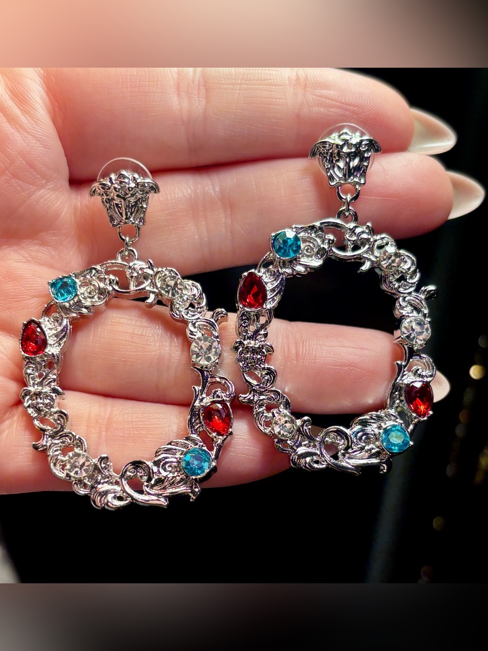 Brand New Silver Hoop Earrings with Red and Teal Crystals